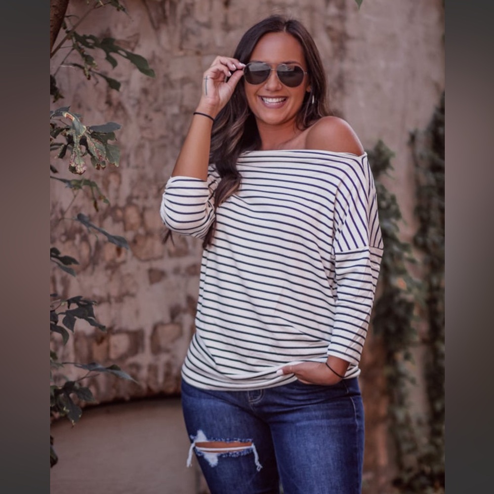 Striped Off-Shoulder Long Sleeve Top - White & Black